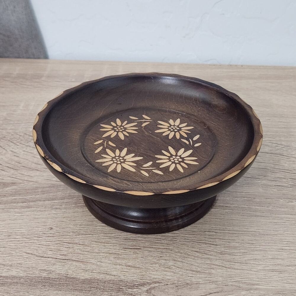 Vintage Swiss Musical REUGE Wood Carved Floral Dish Pedestal Stand Plate Round